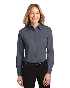 Port Authority® Ladies' Long Sleeve Easy Care Shirt with Logo-Steel Gray/Light Stone
